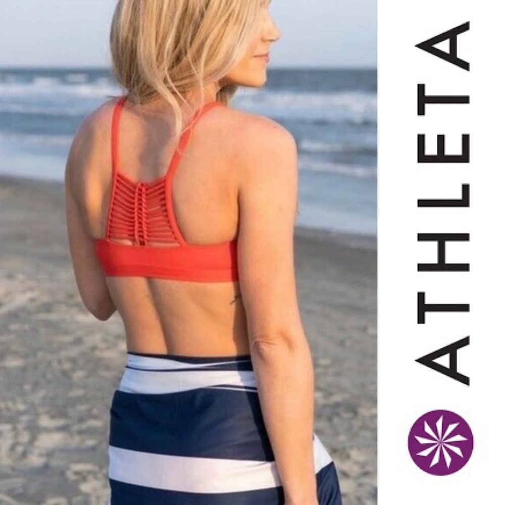 Athleta Red Orange Macrame High Neck Bikini / Sports Bra Removable Pads Strappy